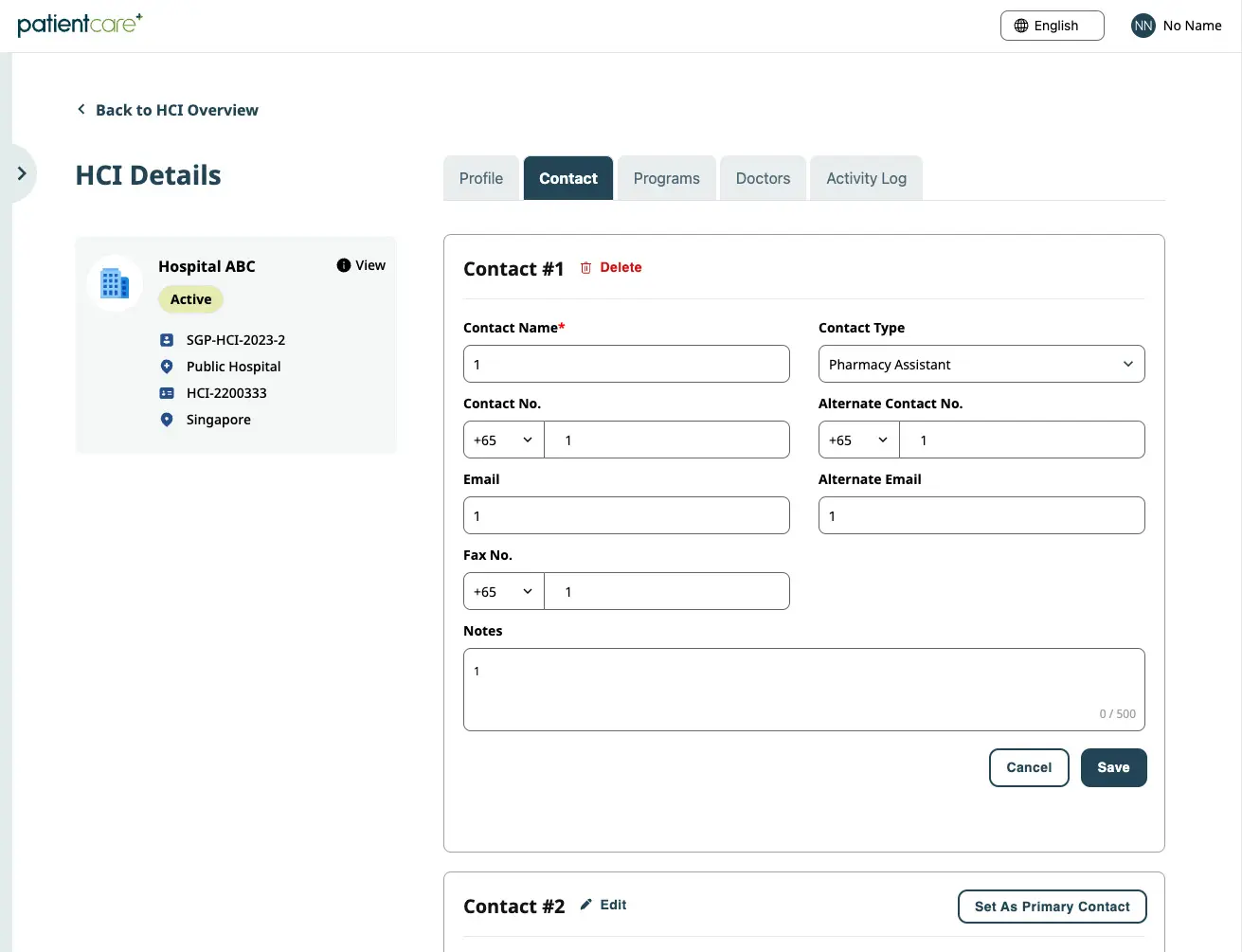 [Zuellig] PatientCare+ B2B Admin Portal WebApp - Hospitals-Contact Sample Details Page